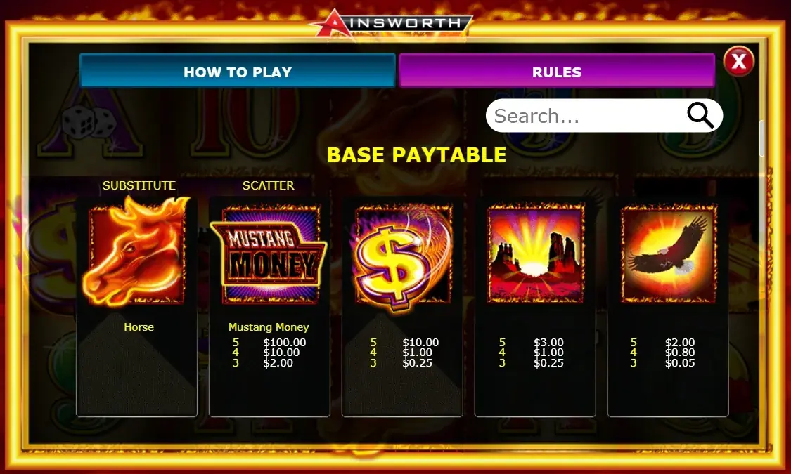 Mustang Money slot symbols — Wild mustang, Scatter logo, and premium icons paytable